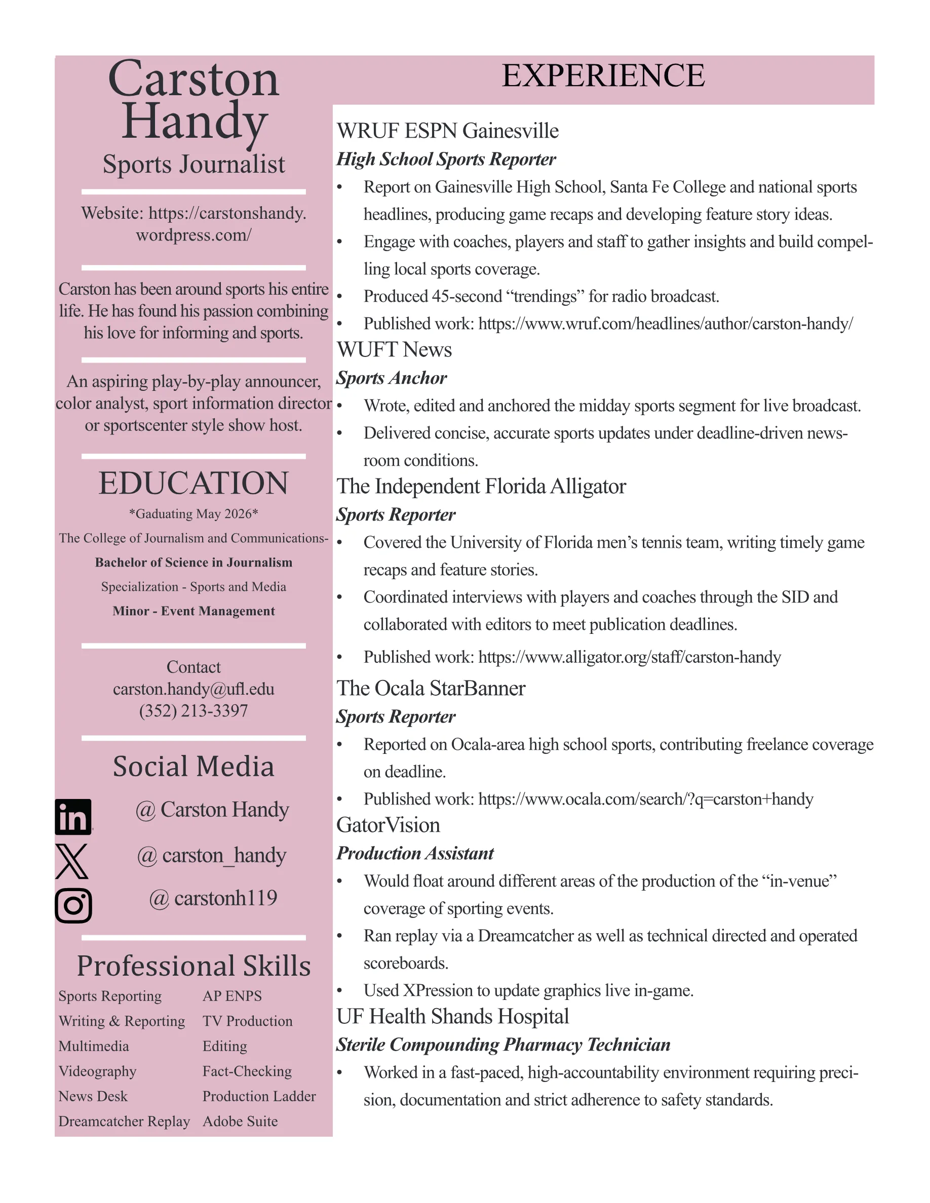 Carston Handy's one-page résumé